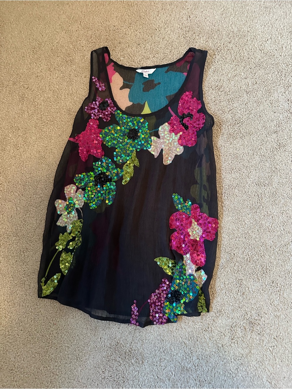 Candie's Black Sheer Tank Dress with Pink and Green Sequin Florals